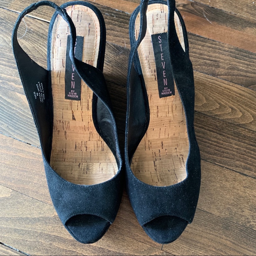 STEVEN Teeze Suede Wedge Peep Toe in Black, Sz 8